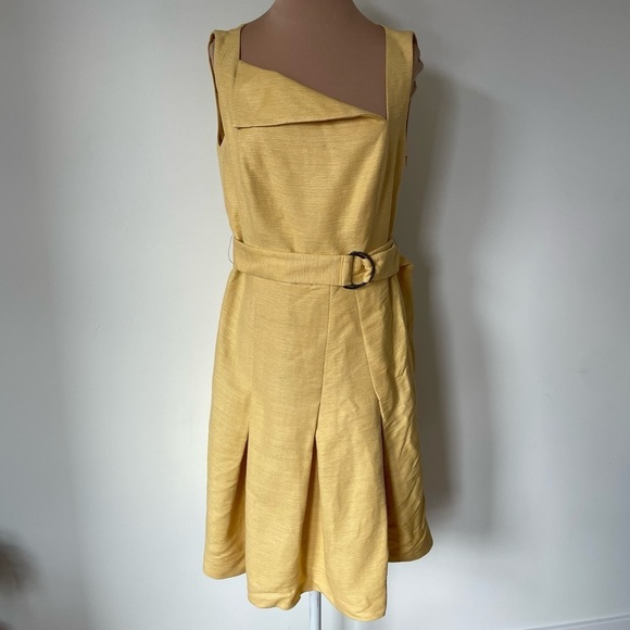 Akris Punto Yellow Textured Silk Belted Square Flap Neck Fit n Flare Dress EUC 8 - Picture 1 of 9